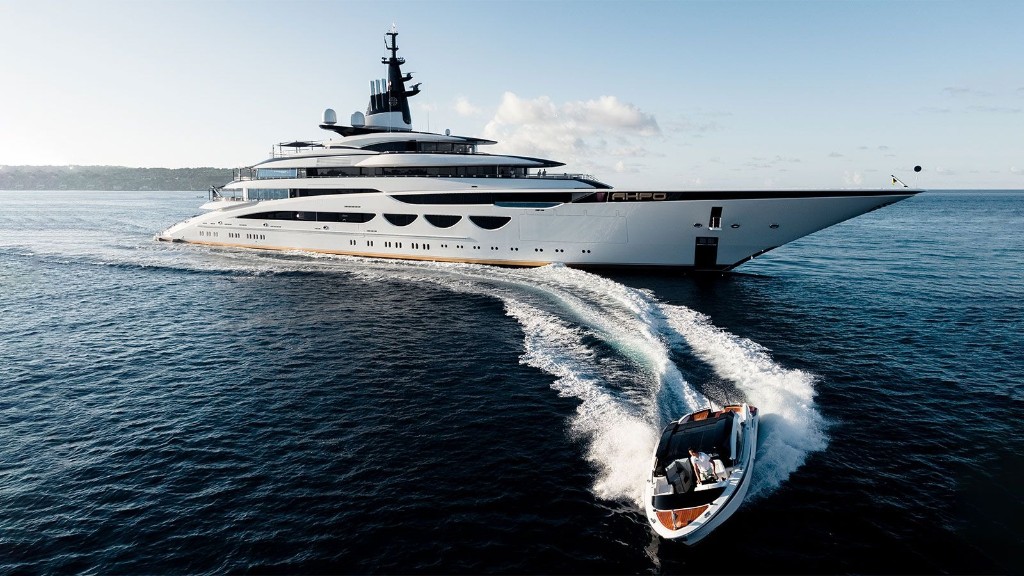 Aerial view of a superyacht on open water